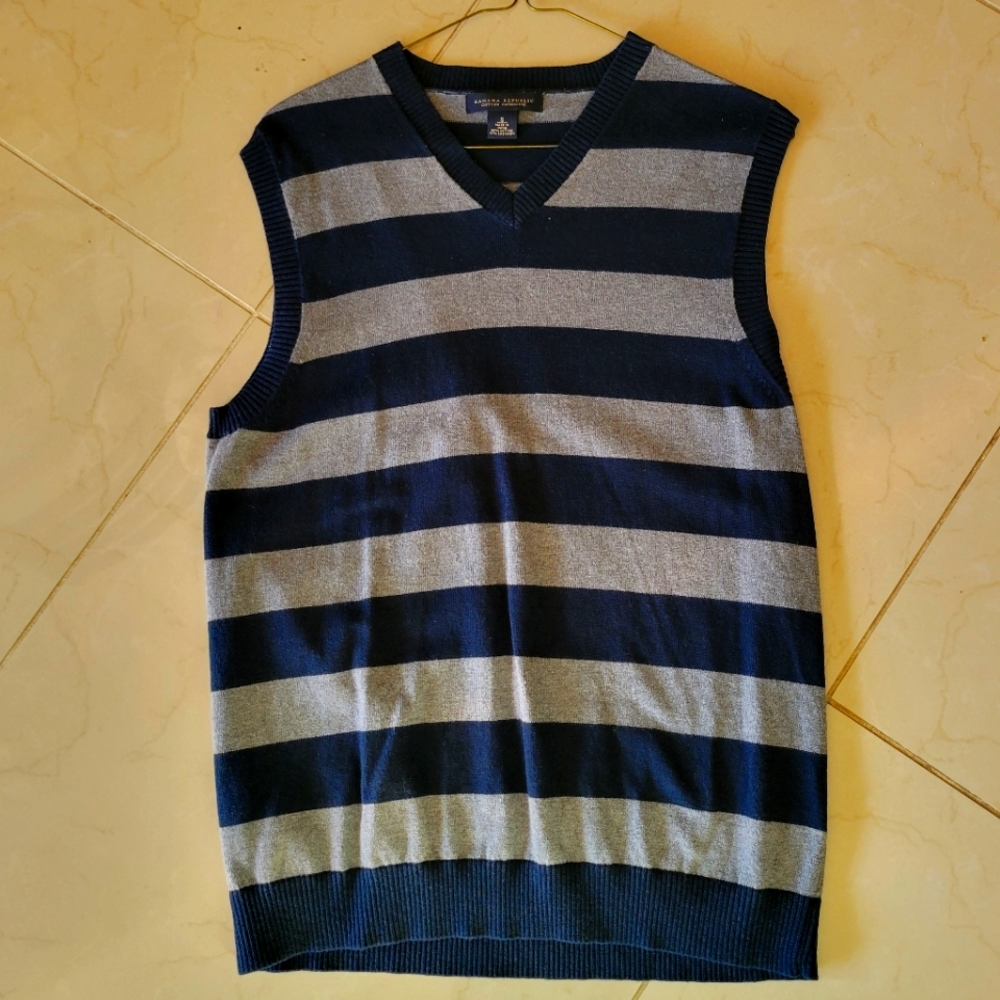 Banana Republic Navy and Gray Striped V-Neck Sweater Vest